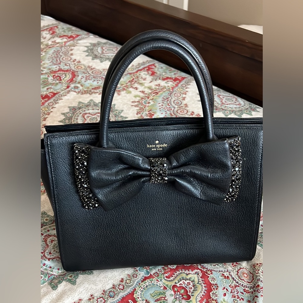 Kate Spade New York Meriwether Manor Place Black Leather Bow Crystal Satchel Bag